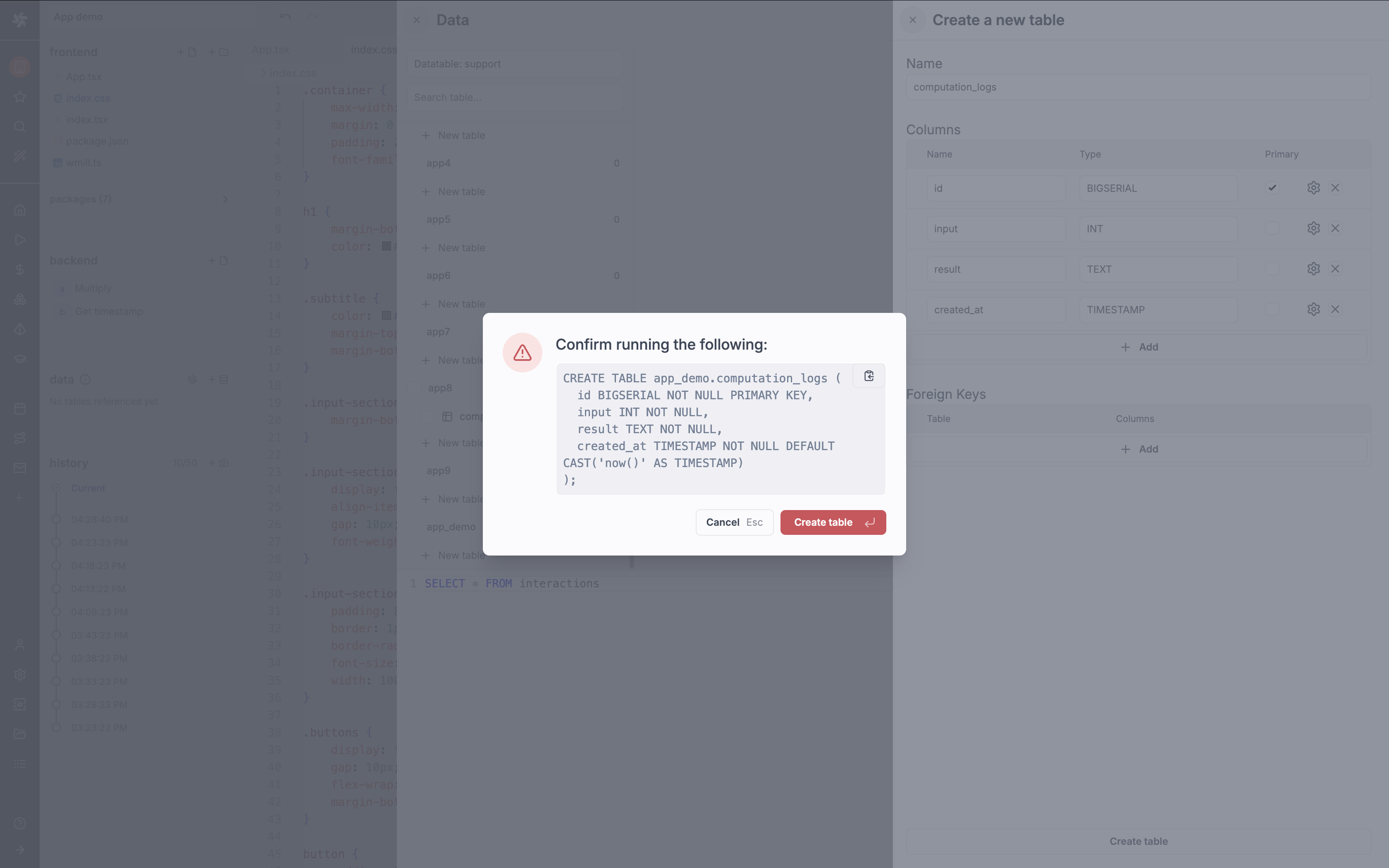 Create table columns